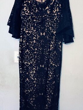 Xscape Black Lace Overlay Dress with Nude Underlayer